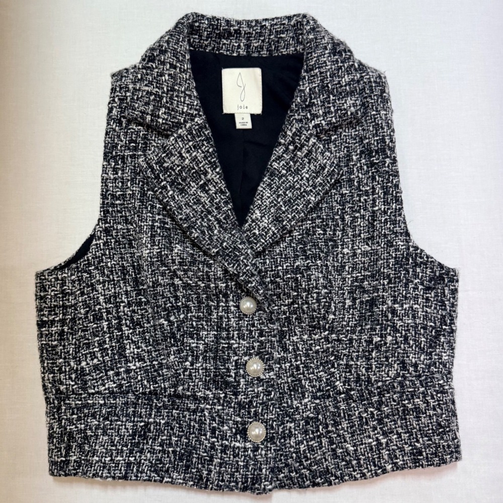 Joie Womens Black White Tweed Vest Faux Pearl Button Cropped Sleeveless Jacket 2